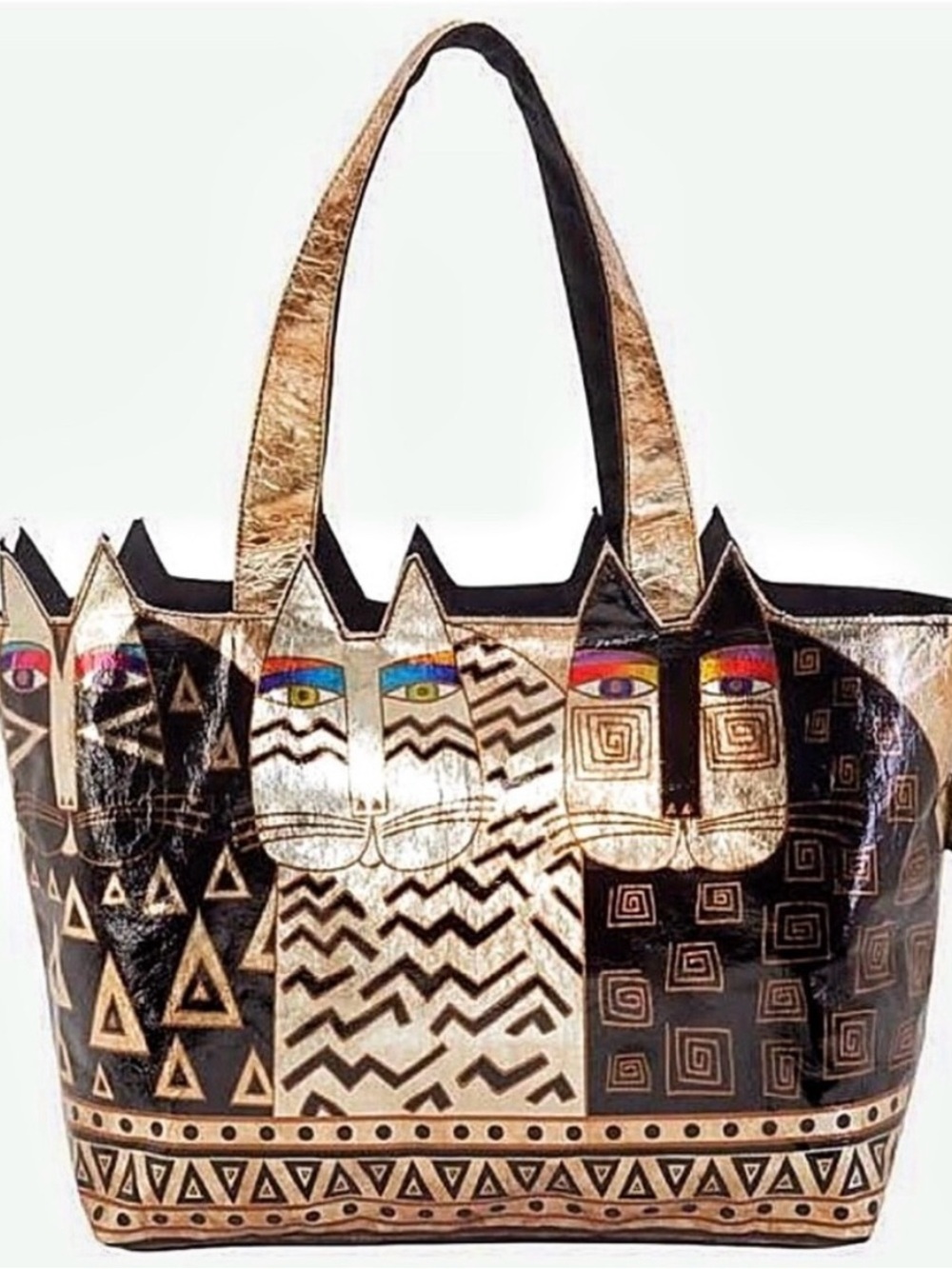 Laurel Burch Metallic Black & Silver Three Wild Cats Tribal Pattern Tote